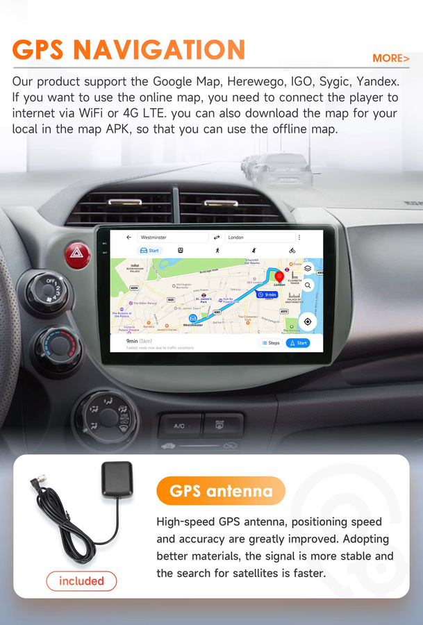 Hizpo Android 14 Auto Stereo Radio für Honda Fit Jazz (2007-2014) mit Carplay, Multimedia-Player und GPS, Schwarz - Bild 2