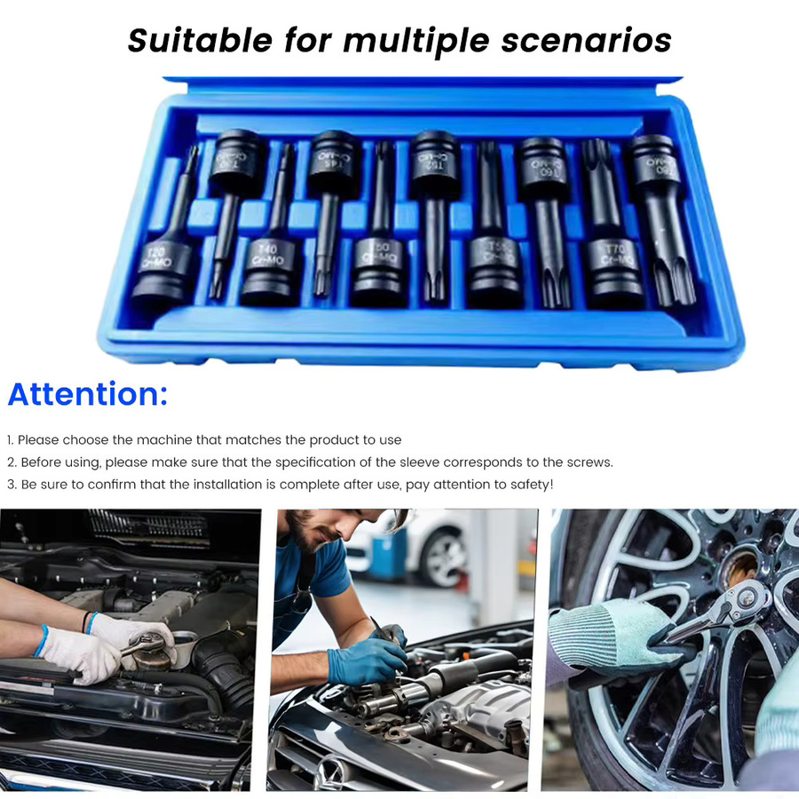 Podofo 10-teiliger Torx-Bit-Steckschlüsselsatz 1/2 Zoll aus Cr-Mo-Stahl in Blau mit Aufbewahrungskoffer, T20-T80 Stern-Steckschlüsseladapter für Kfz-Reparatur und Wartung - Bild 2