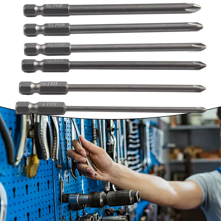 VIBRATITE 6er Set Magnetische Schraubendreher-Bits aus Stahl mit 1/4 Zoll Schaft und 100 mm Länge, Hex und Kreuzkopf - Bild 4