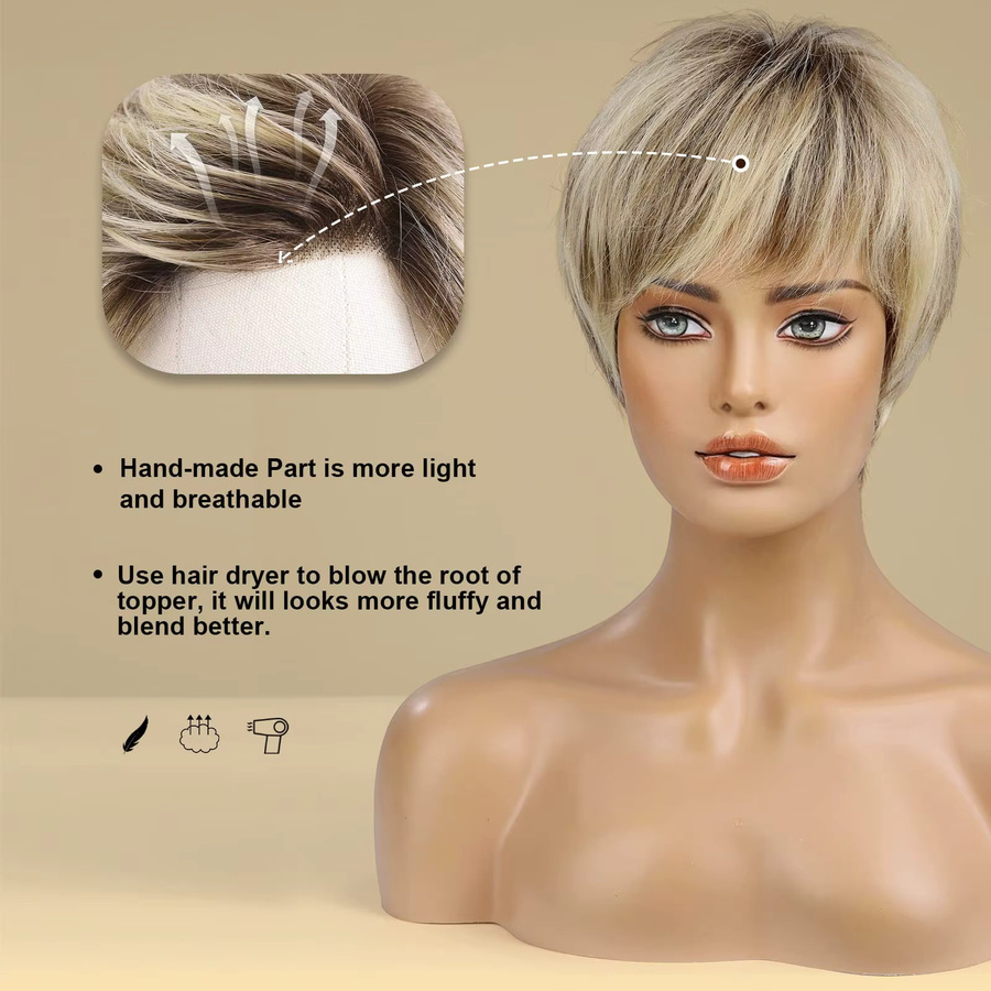 HAIRCUBE Perücke, Blonde Highlight-Lace-Front, 100 % Remy-Echthaar, kurz, Pixie-Schnitt, glatt, Damen - Bild 3