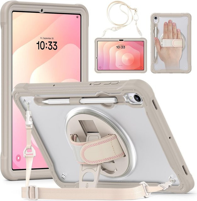 Samsung Galaxy Tab S11 Schutzhülle mit 360 Grad Ring Handgriff und Schultergurt in Beige - Bild 1