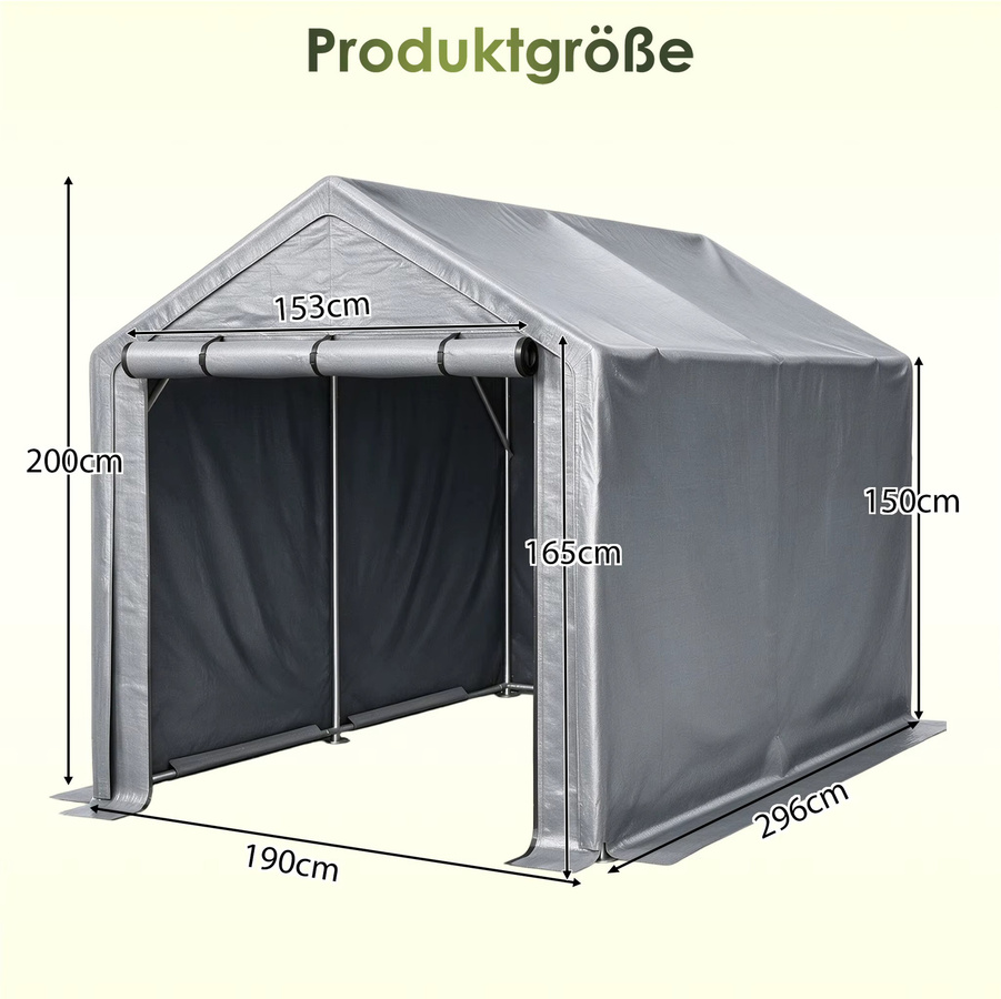 GIHAUVIA Carport-Garagenzelt Grau, wasserdichtes und UV-beständiges Outdoor-Lagerzelt mit aufrollbaren Reißverschlusstüren, B/T/H: 296 x 190 x 200 cm - Bild 2