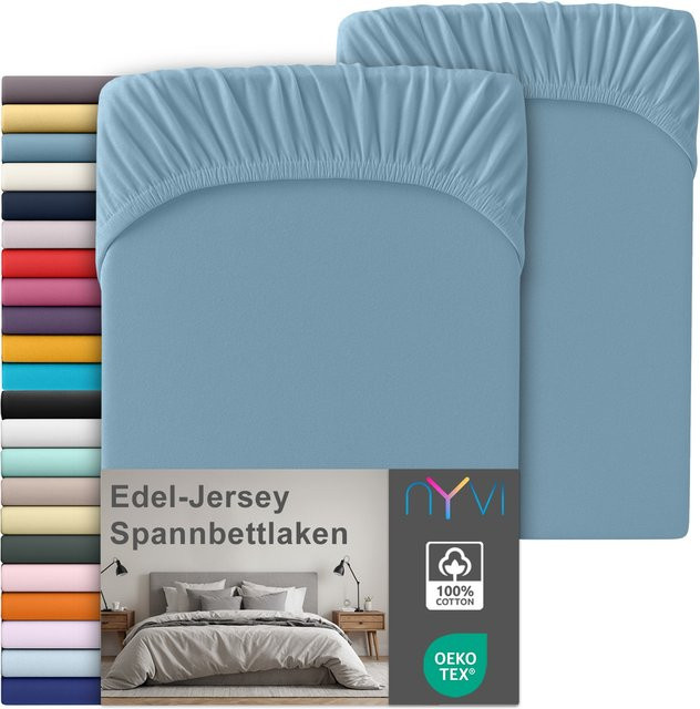 NYVI Edel Jersey Spannbettlaken Deluxe 2er Set aus 100% supergekämmter Baumwolle, Farbe: Blau, B/T: 90-120 x 200 cm, Steghöhe bis 25 cm - Bild 1