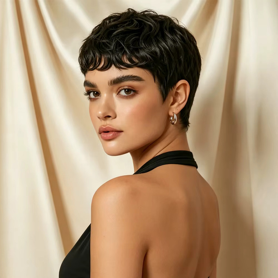 OYM HAIR Perücke Pixie-Schnitt, geschichtet, schwarz, Damen, Echthaar - Bild 1