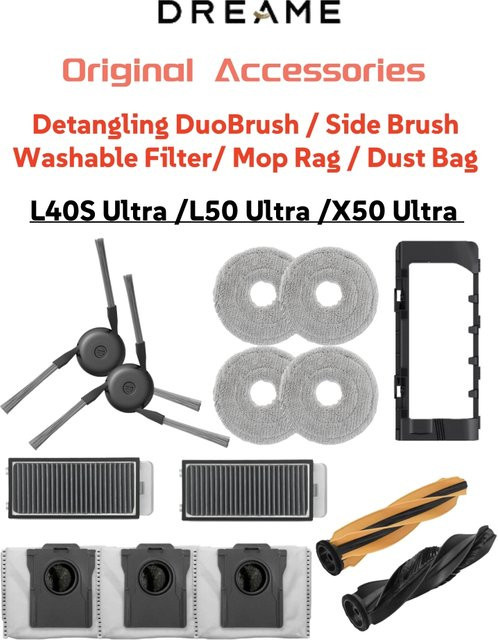Dreame L40S Ultra Zubehör Set mit DualRoller Seitenbürsten, Filtern, Wischlappen und Staubbeuteln für L50 Ultra Staubsauger Ersatzteile - Bild 1