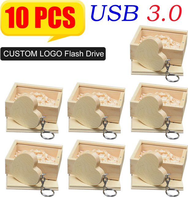 10er Set KFHIREW USB 3.0 Flash-Laufwerke in Holzherz-Design mit Box, braun, USB-Stick als Schlüsselanhänger für Geschenke - Bild 1