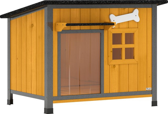 Aosom PawHut Hundehütte aus Holz mit kausicherem Stahlrahmen in Gelb und Braun, wetterfest mit öffnendem Dach, herausziehbarem Boden und Türvorhang für draußen und drinnen - Bild 1