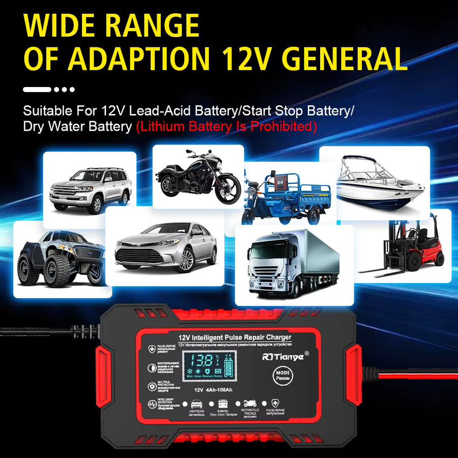 Vollautomatisches 12V 6A Autobatterie-Ladegerät für Auto und Motorrad mit Puls-Reparaturfunktion für Blei-Säure, AGM und Gel Batterien in Rot - Bild 2