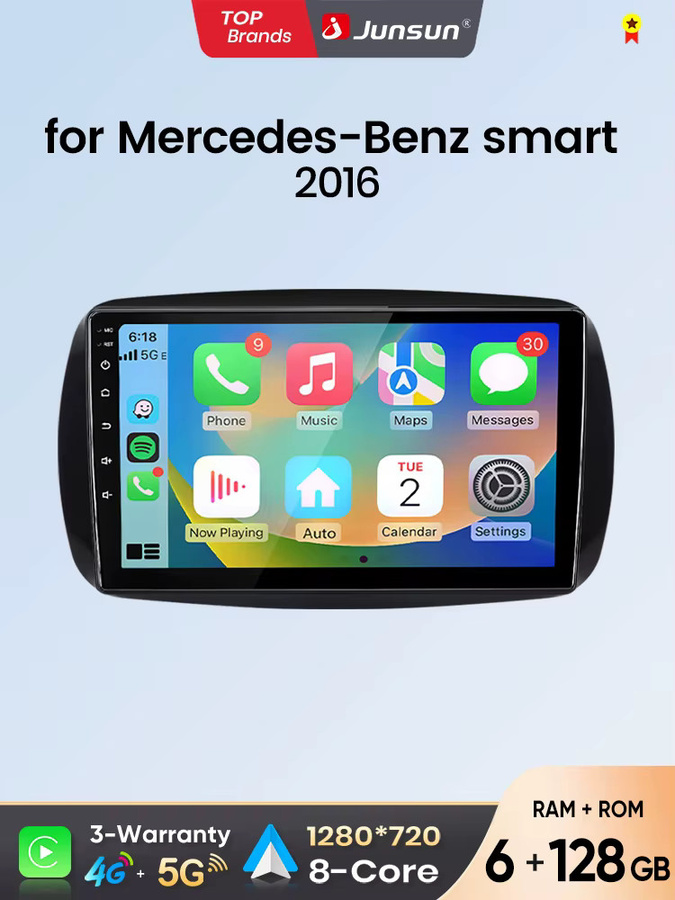 Junsun Android Auto Autoradio für Mercedes Benz Smart 453 Fortwo mit Wireless Apple CarPlay und IPS Touchscreen in Schwarz - Bild 5