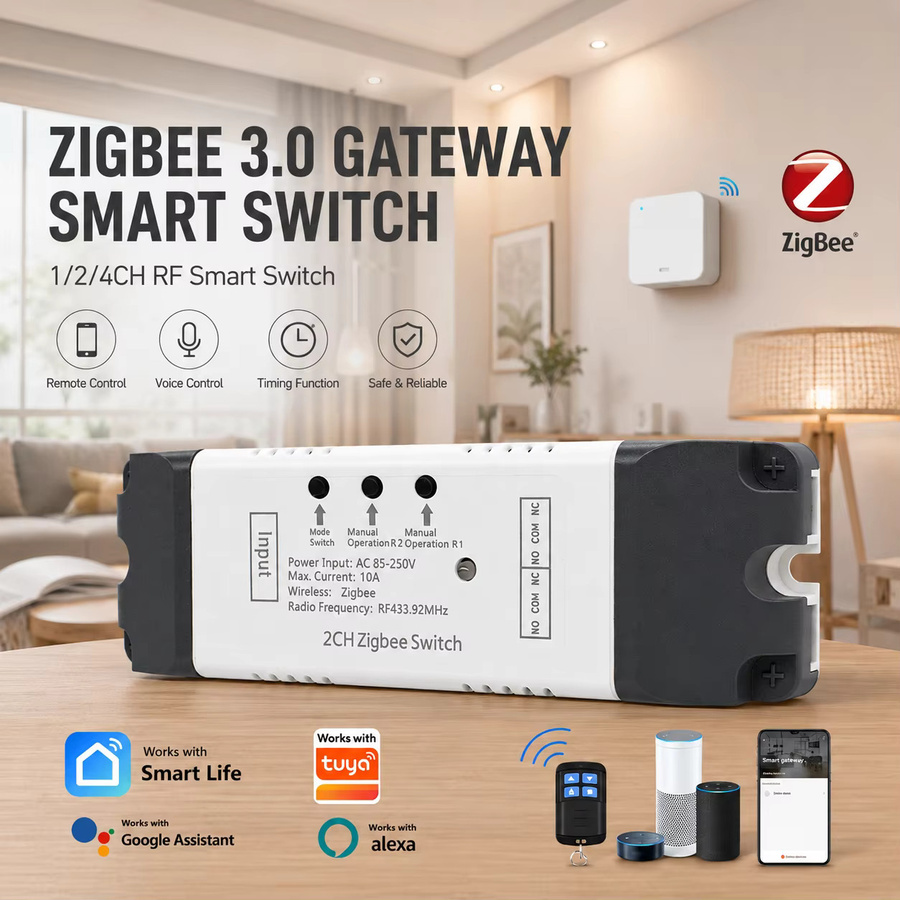 Tuya Zigbee und WLAN Smart Switch mit RF 433 MHz Fernbedienung als 1/2/4-Kanal Licht- und Türschalter, 10A, Weiß - Bild 2