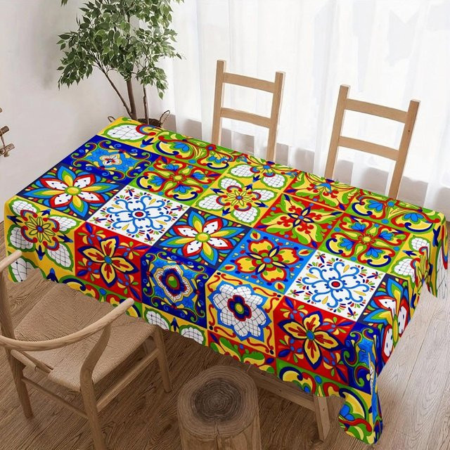 Wasserdichte und waschbare rechteckige Tischdecke mit mexikanischem Fliesenmuster von JINGYUE Pet, Mehrfarbig, B/T: 140 x 140 cm - Bild 1