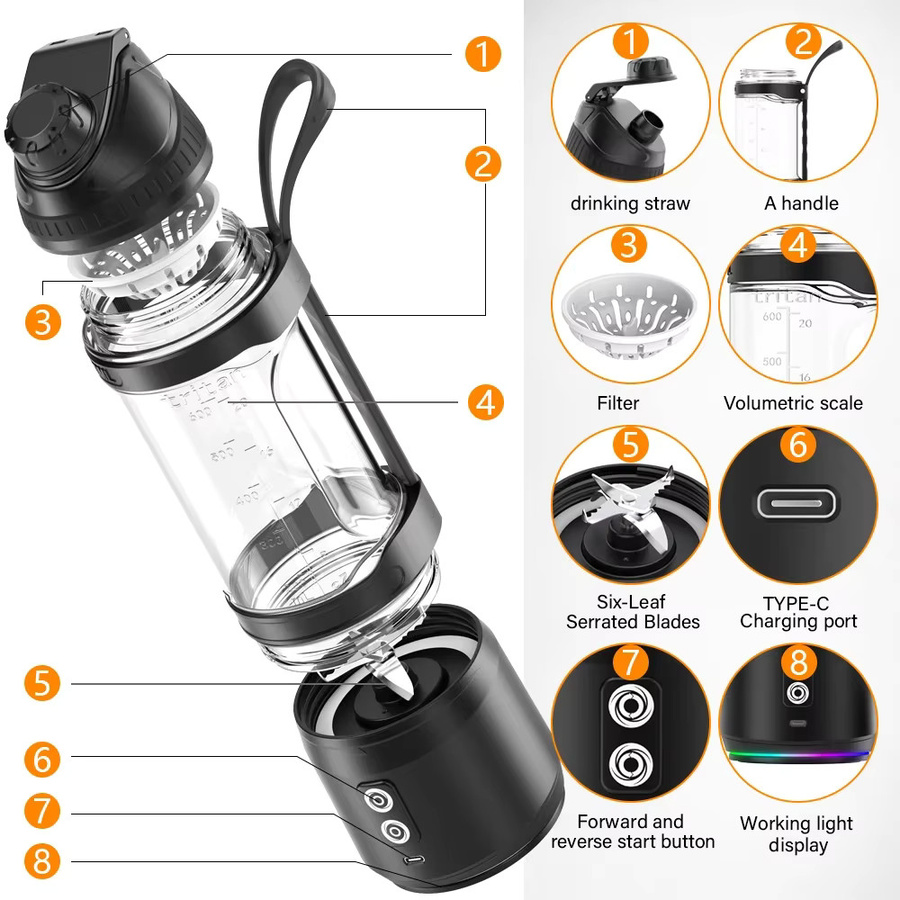 DENOKIN Tragbarer elektrischer Entsafter in Schwarz, 700 ml, USB wiederaufladbarer Mini-Mixer für Smoothies und Obst - Bild 6