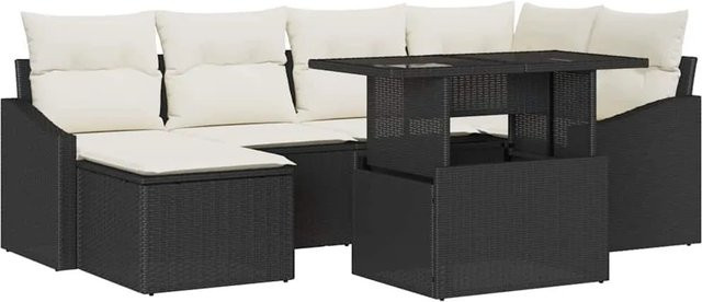 vidaXL Garten-Sofa-Set aus Polyrattan in Schwarz und Beige mit 7 Teilen, Ecksofa, Ottoman und Couchtisch mit Glasplatte und Kissen - Bild 1