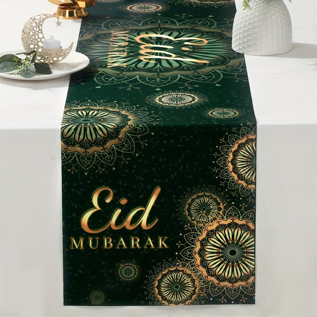 VIKAMA Tischläufer Eid al Fitr Mubarak mit Mond, Stern und Schloss in Grün, B/H: 33 x 90 cm - Bild 1