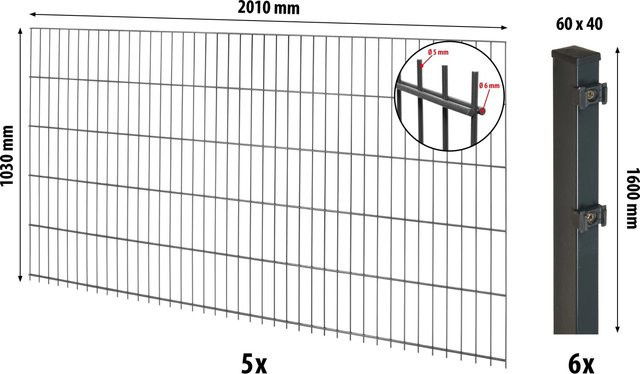 Floraworld Doppelstabmatten-Zaunset mit Pfosten aus Stahl in Anthrazit, Höhe: 103 cm, Breite: 1000 cm, Stabstärke: 6 x 4 mm - Bild 1