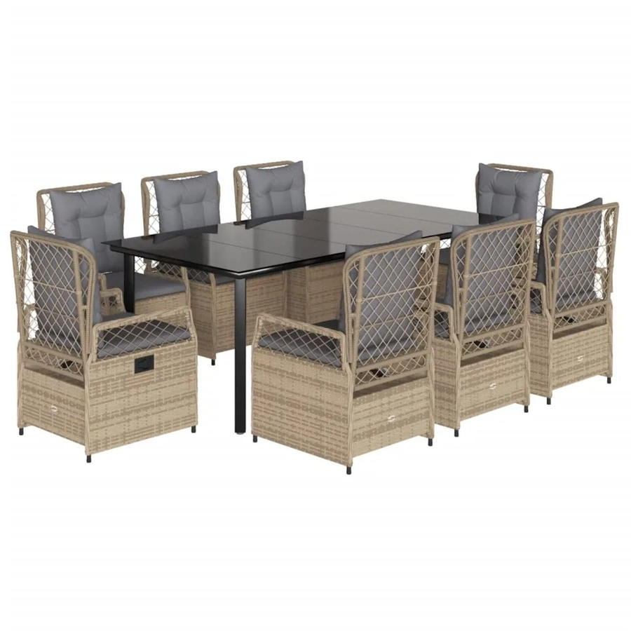 vidaXL 9-teilige Garten-Essgruppe aus Poly Rattan in Beige mit Kissen und Glastisch - Bild 2
