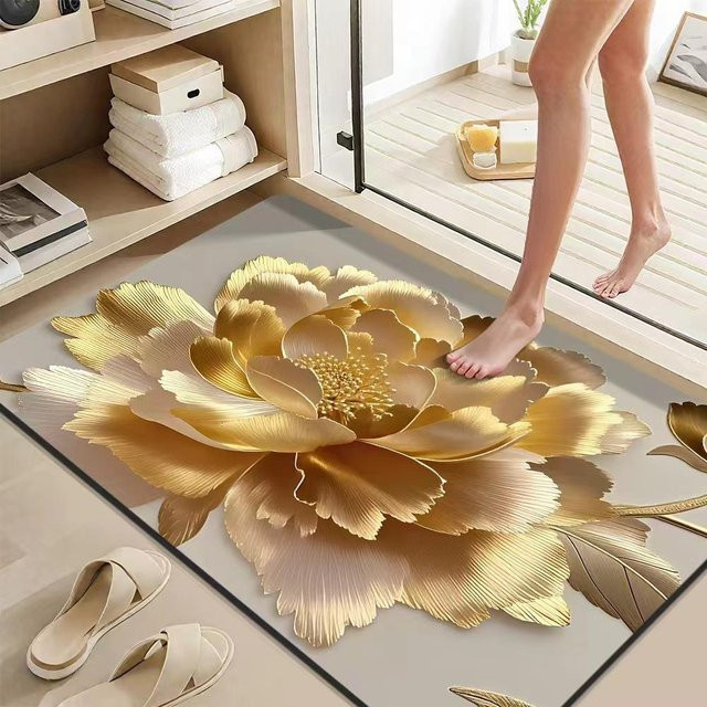 Warm Magpie Home Badezimmerteppich 3D Goldene Blume, Saugfähig und Rutschfest, Farbe: Gold, B/T: 60 x 40 cm - Bild 1