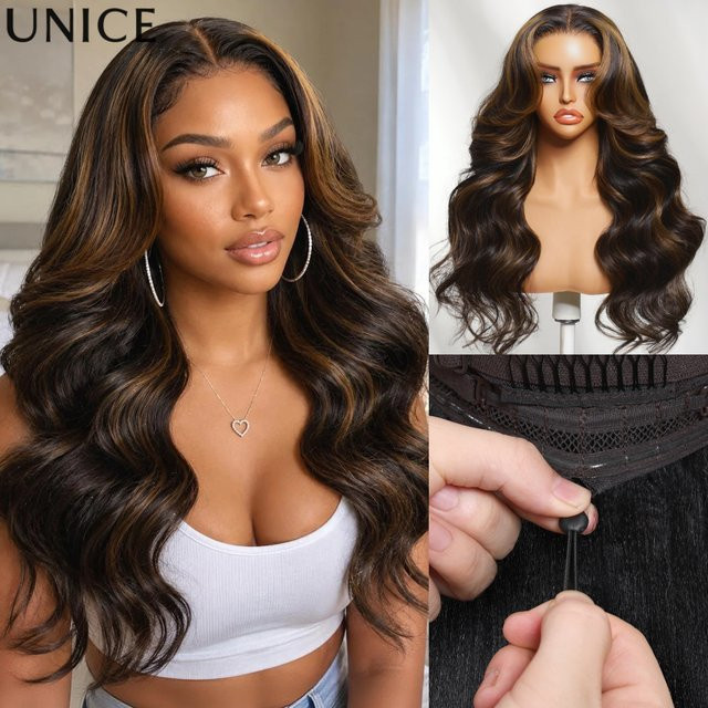 UNice Bye Bye Slip Spitzenperücke, Schwarz, Body Wave, Echthaarperücke - Bild 1