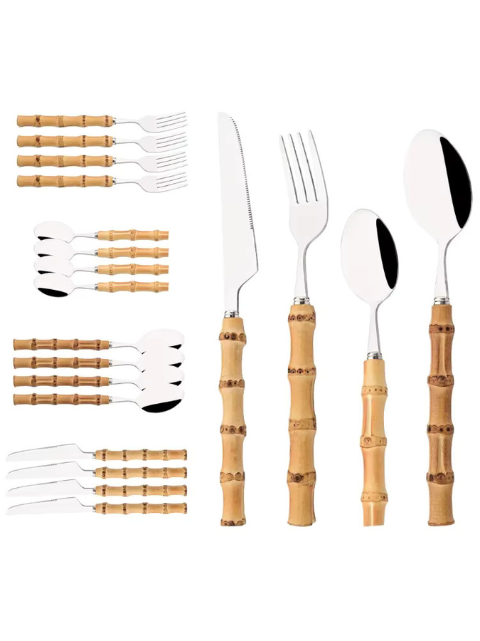 Uniturcky Besteckset aus Edelstahl und Bambusholz in Silber und Braun mit Messer, Löffel und Gabel - Bild 5