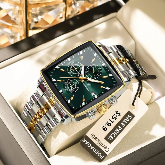 POEDAGAR Armbanduhr Chronograph, Quarz, Edelstahl, Silber, Grün, Herren - Bild 1