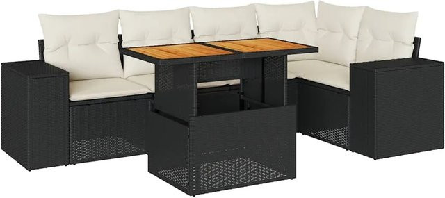 vidaXL 6-teilige Garten-Sofagarnitur in L-Form aus Poly-Rattan und Akazienholz mit Kissen in Schwarz-Creme - Bild 1