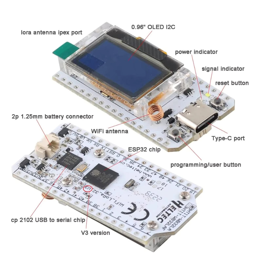 wishiot ESP32 LoRa V3 Dev Board mit 868 MHz, SX1262, 0,96 Zoll OLED, WiFi, Bluetooth und Typ-C für Meshtastic und Arduino - Bild 2