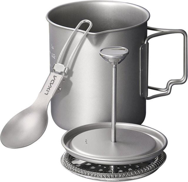 Koogeelife Lixada Titan-Kaffeetasse und French-Press-Topf für Outdoor-Camping in Silber, 750 ml - Bild 1
