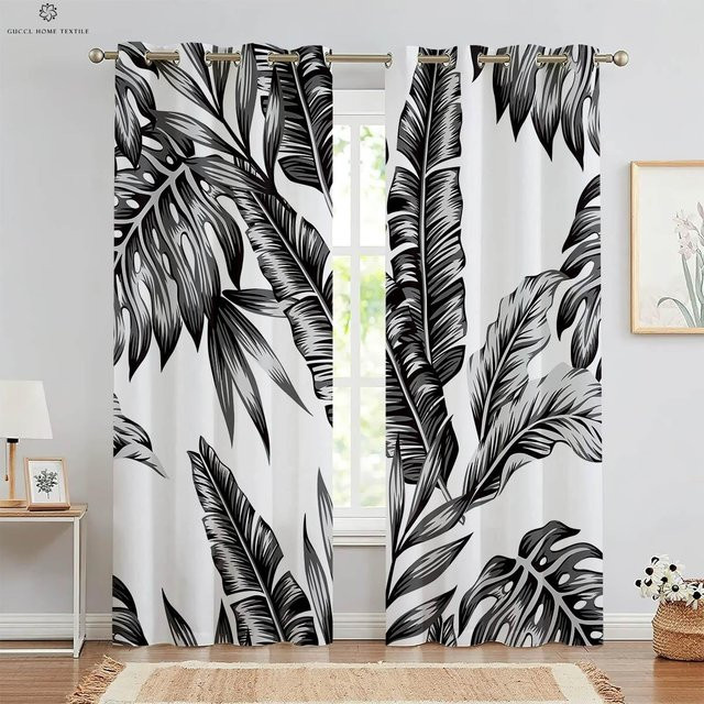 Yiran Furniture Vorhänge mit tropischer Vegetation und geometrischen grünen Blättern in Schwarz und Weiß, 2er-Set, B: 50 cm, H: 130 cm - Bild 1