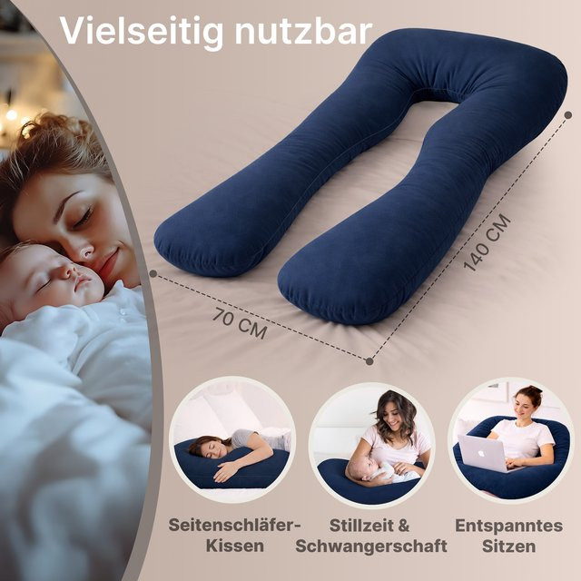ELONEO Seitenschläferkissen XXL als Stillkissen und Schwangerschaftskissen mit Bezug, Blau - Bild 1