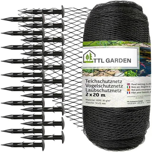 TTL GARDEN Teichschutznetz Anthrazit, 2 x 20 m, Maschenweite 12 x 12 mm, 30 g/m², HDPE Vogelschutznetz und Laubnetz für deinen Garten - Bild 1