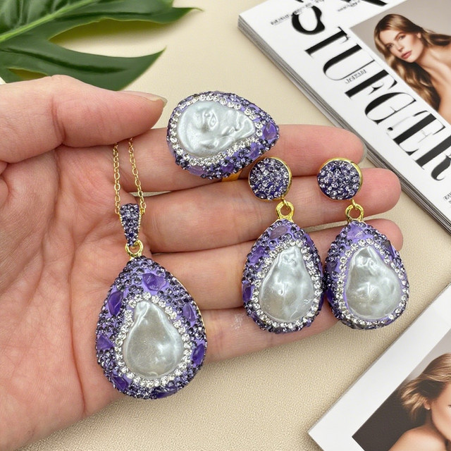 mutu Schmuck-Set, Perle, Kristall, Lila, Damen - Bild 1