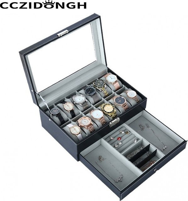 CCZIDONGH Uhrenvitrine mit Glas für 2 Uhren, Schmuckschatulle und Aufbewahrungsbox als Display für den Schreibtisch - Bild 1