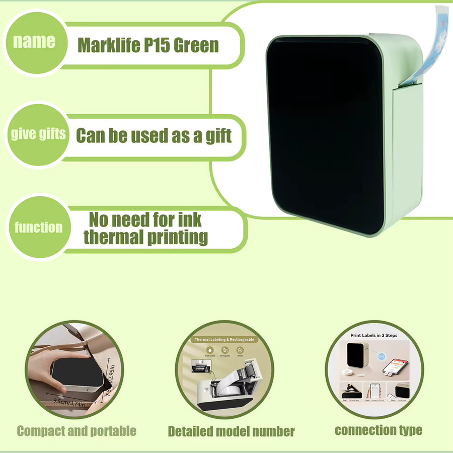 MarkLife P15 Mini tragbarer Thermodrucker in Grün, kabelloser Bluetooth Etikettendrucker für Zuhause und Büro - Bild 4