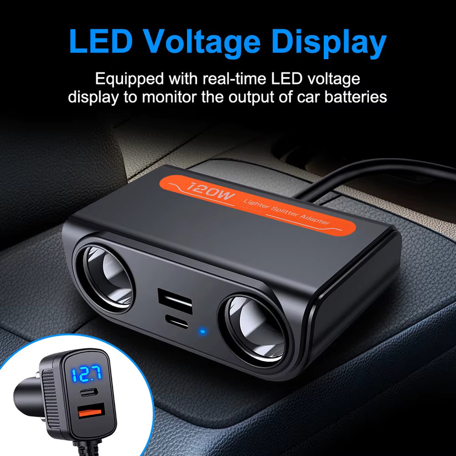 Kebidumei 7 in 1 USB Typ C Auto Zigarettenanzünder Splitter 120 W Schnellladegerät für 12 V 24 V mit Netzteil für Telefon, DVR und GPS in Schwarz - Bild 3