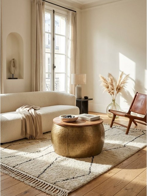 KADIMA DESIGN Couchtisch rund aus Mango Massivholz in Gold mit abnehmbarer Platte, Modern, B/T/H: 60 x 60 x 40 cm - Bild 1
