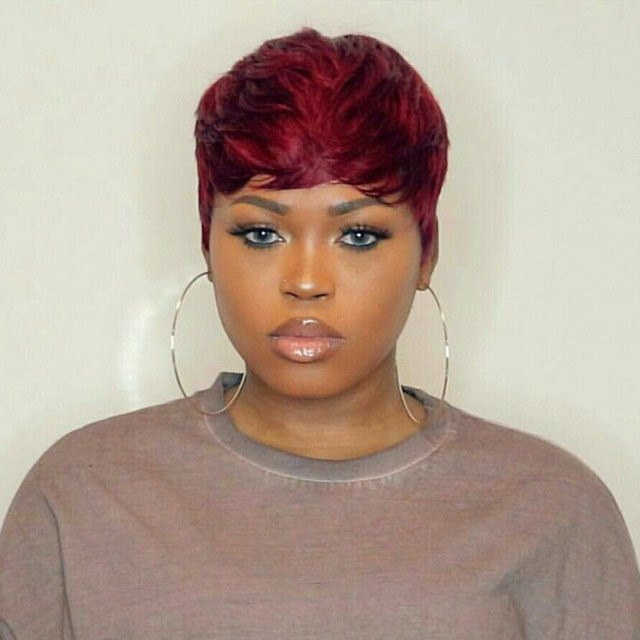 OYM HAIR Pixie-Schnitt-Perücke, kurze geschichtete Echthaar-Perücke, burgunderrot, mit Pony - Bild 1
