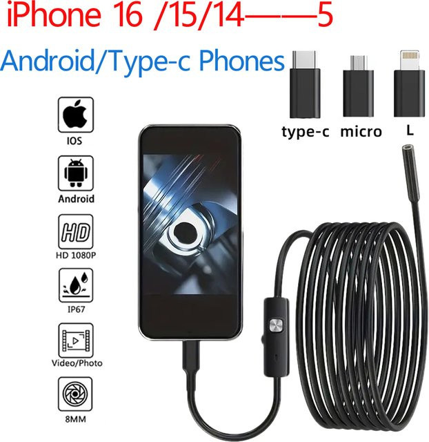 Meseelong HD1920P Endoskop Inspektion Kamera Typ-C Mini Kamera IP67 Schwarz für Android und iOS - Bild 1