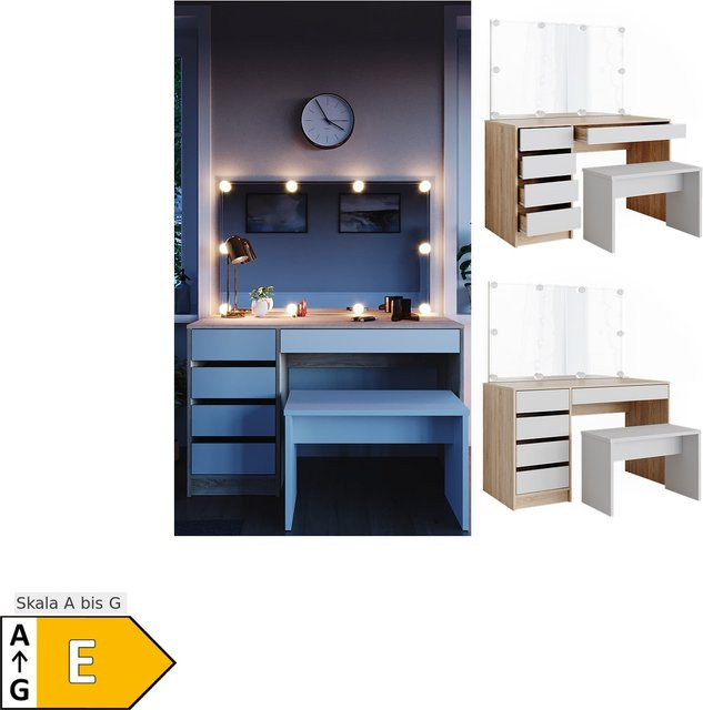 Vicco Schminktisch Sherry mit LED Spiegel, Kommode und Bank in Weiß und Sonoma, Breite: 55 cm - Bild 1