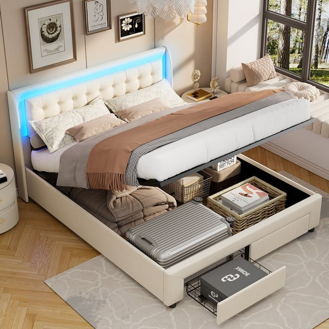 Polsterbett mit LED und Stauraum in Rosa, Doppelbett aus Samt mit Schubladen und hydraulischem Bettkasten, B/T: 140 x 190 cm - Bild 1