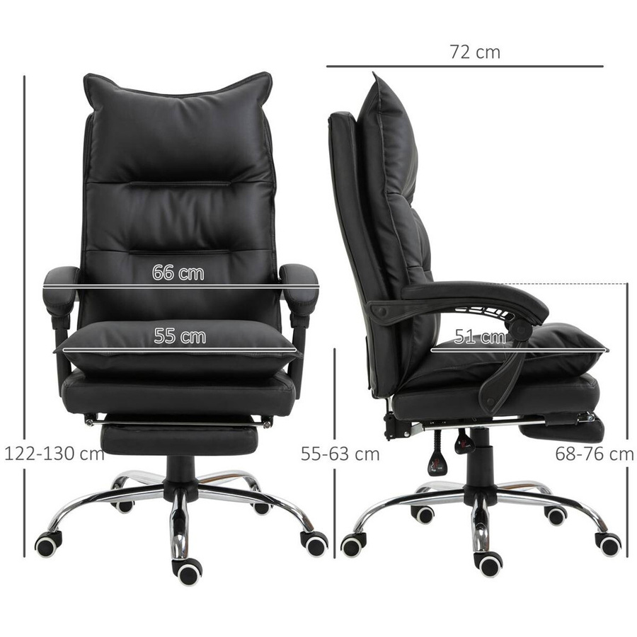 Vinsetto Bürostuhl mit Fußstütze in Schwarz aus Kunstleder, höhenverstellbar mit Armlehnen und Rollen, B/T/H: 66 x 72 x 122-130 cm - Bild 2