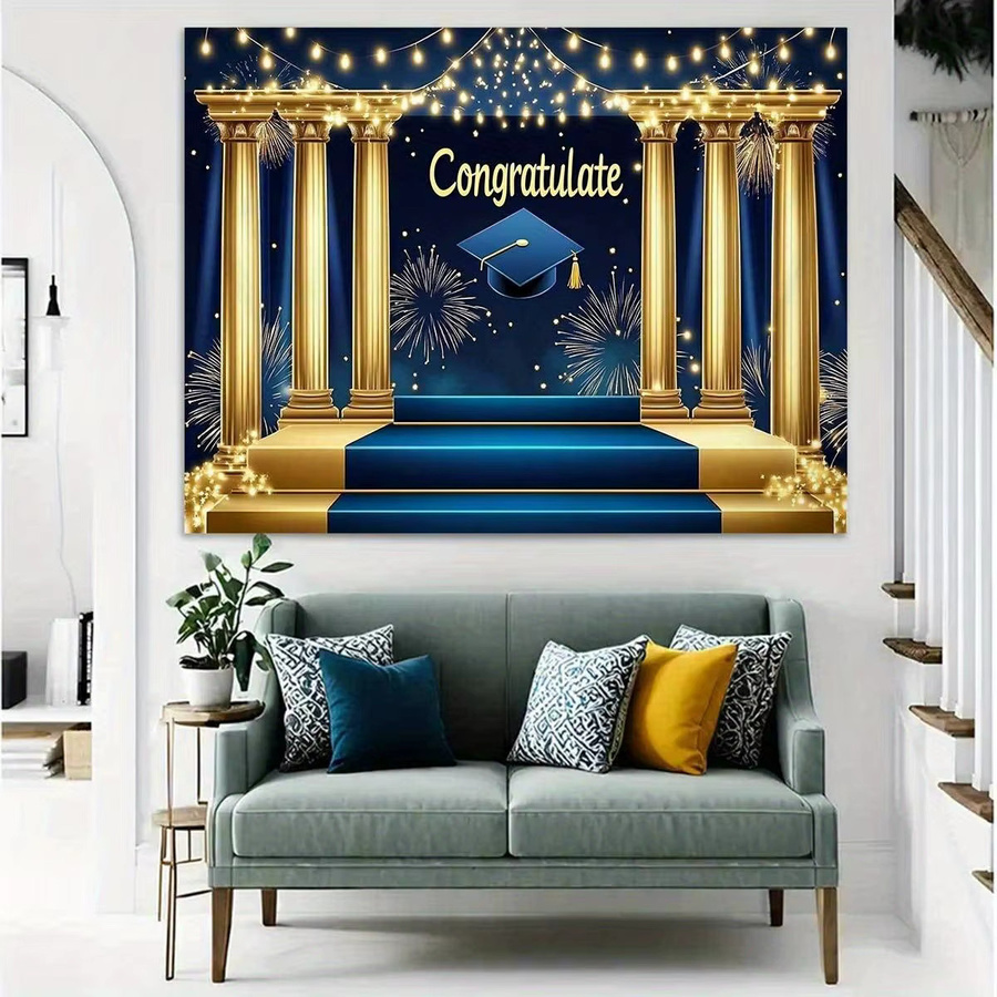 OURFETE Abschlussfeier-Hintergrund in Blau-Gold mit Congratulations-Aufdruck und Dekorationselementen für dein Fotoshooting - Bild 3