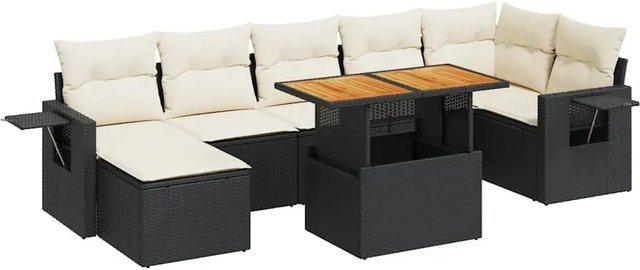 vidaXL 8-teilige Garten-Sofagarnitur in L-Form aus Poly-Rattan und Akazienholz mit Kissen in Schwarz-Creme - Bild 1