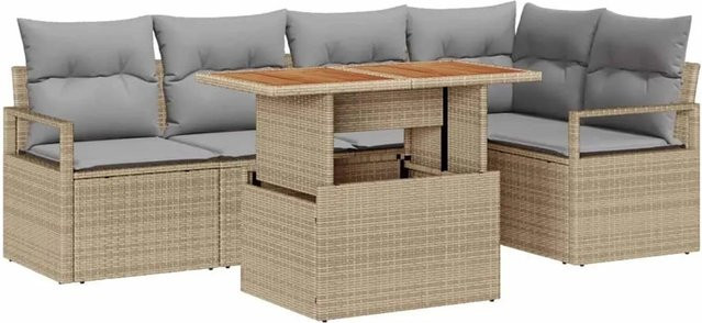 vidaXL Garten Essgruppe 6-teilig aus Poly-Rattan und Akazienholz mit Kissen in Beige und Grau - Bild 1