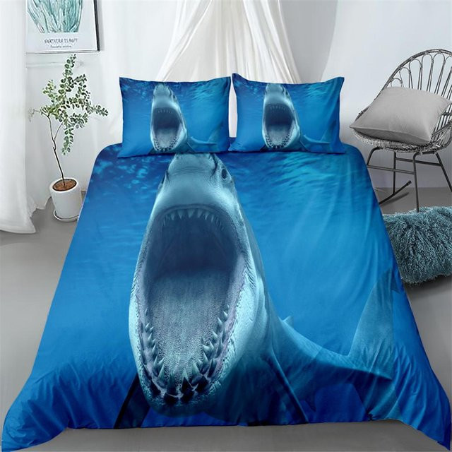Bettwäsche-Set mit Hai-Motiv von jinmeige in Blau und Weiß, bestehend aus Bettdeckenbezug und Kissenbezug aus atmungsaktiver Mikrofaser, B/H: 135 x 200 cm - Bild 1
