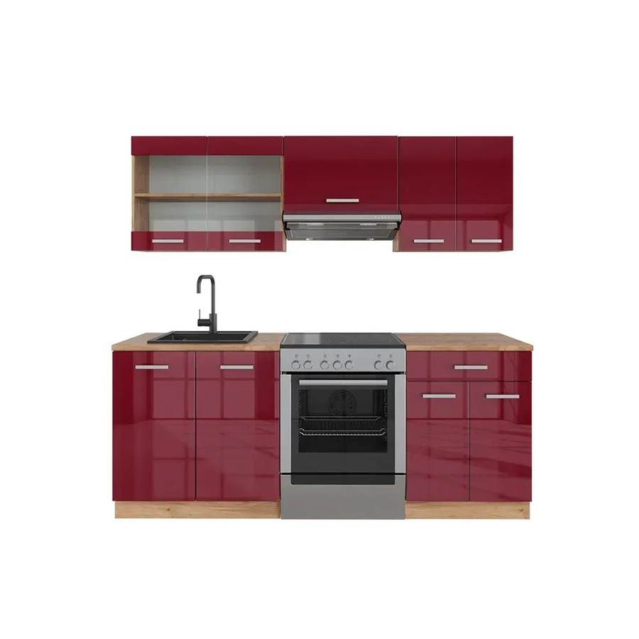 Vicco R-Line Küchenzeile Bordeaux Hochglanz und Goldkraft Eiche, Breite: 200 cm - Bild 2