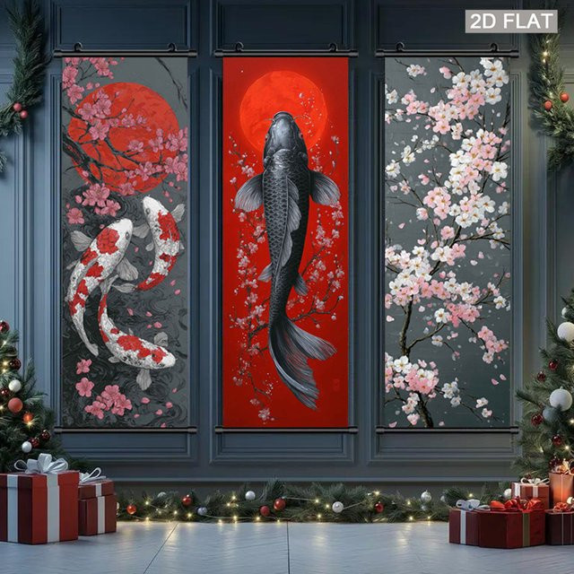 VIKAMA Wandteppich mit Koi-Fischen und Kirschblüten in Rot und Multicolour, Orientale Wandkunst für dein Zuhause, B/H: 40 x 40 cm - Bild 1