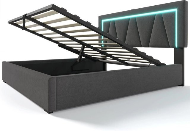 Merax Polsterbett mit LED-Unterbettbeleuchtung und USB-C Ladestation, Stoff, B/T: 140 x 200 cm - Bild 1