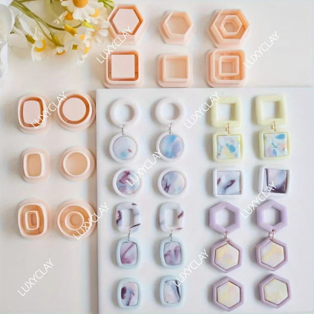 3er-Set geometrische Polymer-Tonformen aus Kunststoff für die Herstellung von Schmuck und Ohrringen mit rechteckigen, kreisförmigen, sechseckigen und quadratischen Prägemustern - Bild 1