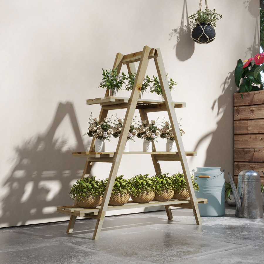 Outsunny Pyramidenförmiges klappbares Blumenregal aus Fichtenholz mit 3 Regalen, Braun, B: 36 cm, T: 100 cm, H: 112 cm - Bild 2