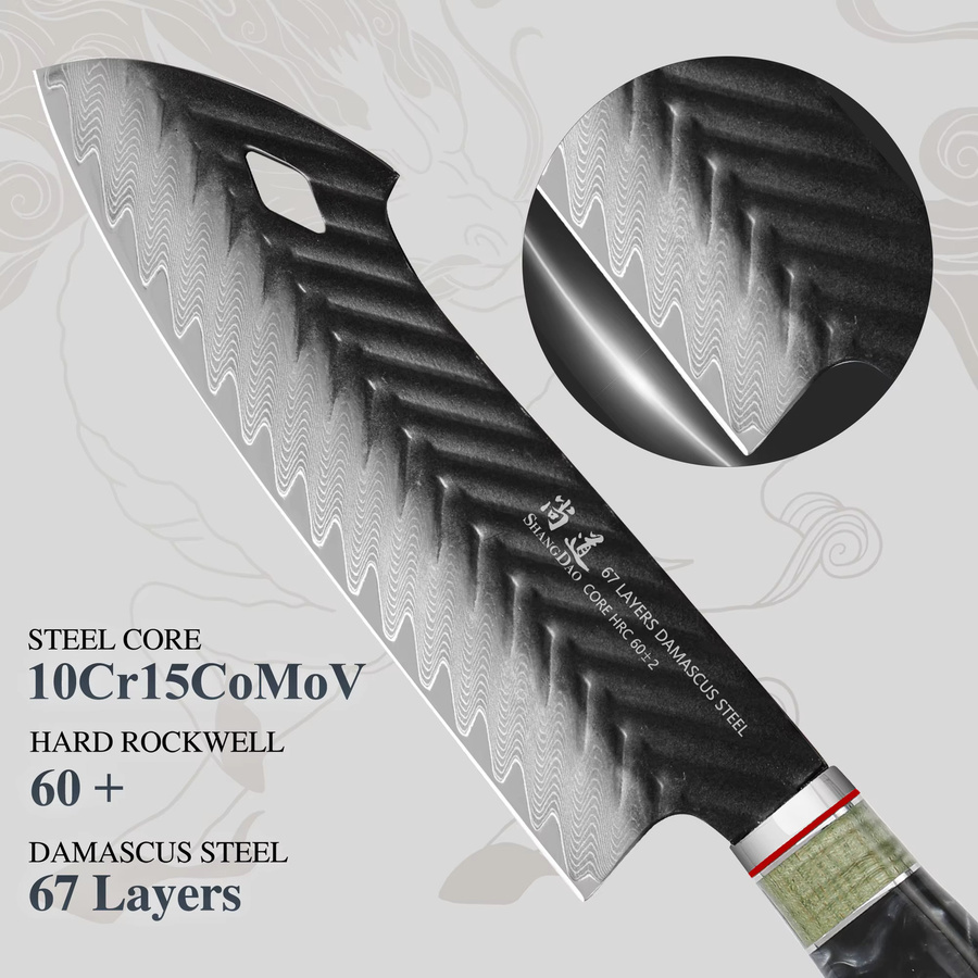 SHANGDAO Professionelles Santoku-Messer aus 67-lagigem Damaststahl mit handgeschmiedetem Holzgriff, 19,05 cm - Bild 2